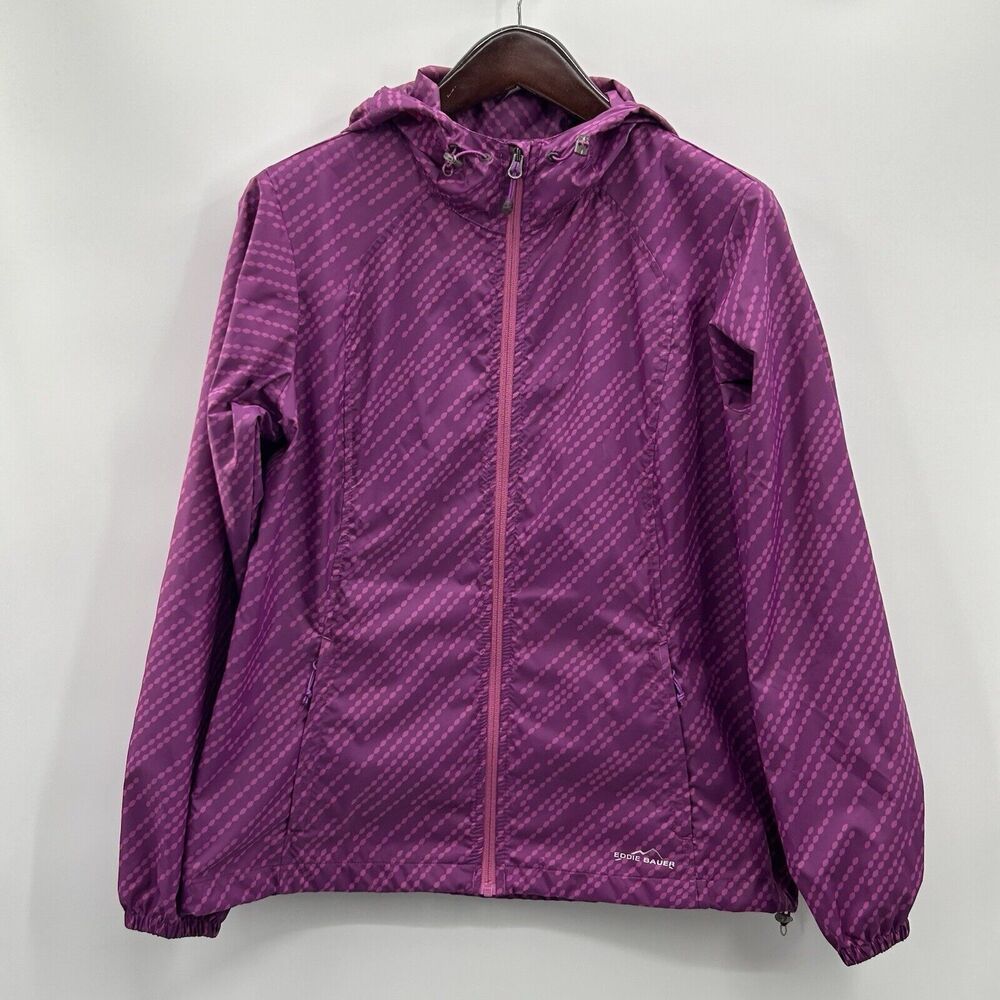 Eddie Bauer Packable Hooded Windbreaker Women’s L Purple‎ Geometric Print Jacket